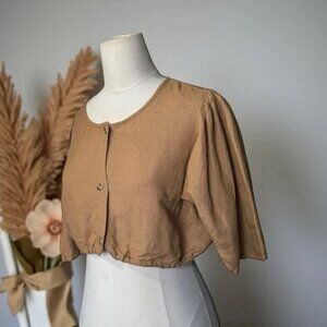 First Rite Caramel Brown Crop Blouse - Button Down - 100% Linen